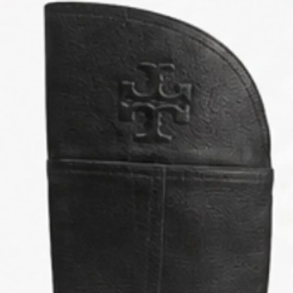 Tory Burch Black Leather Riding Boots Knee High Embossed Double T Logo Size 7.5